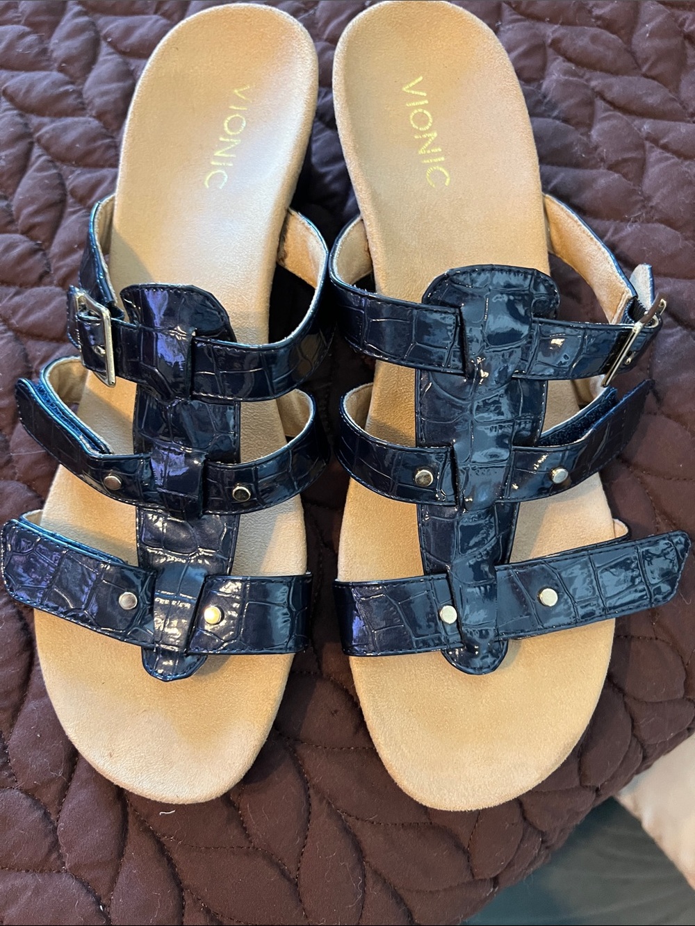 Vionic Women's Radia Navy Croc-Embossed Triple leather adjustable strap slide
